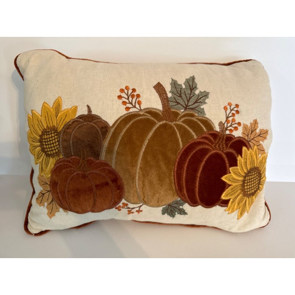 Thanksgiving Harvest Pumpkin & Sunflower Embroidered Decorative Pillow